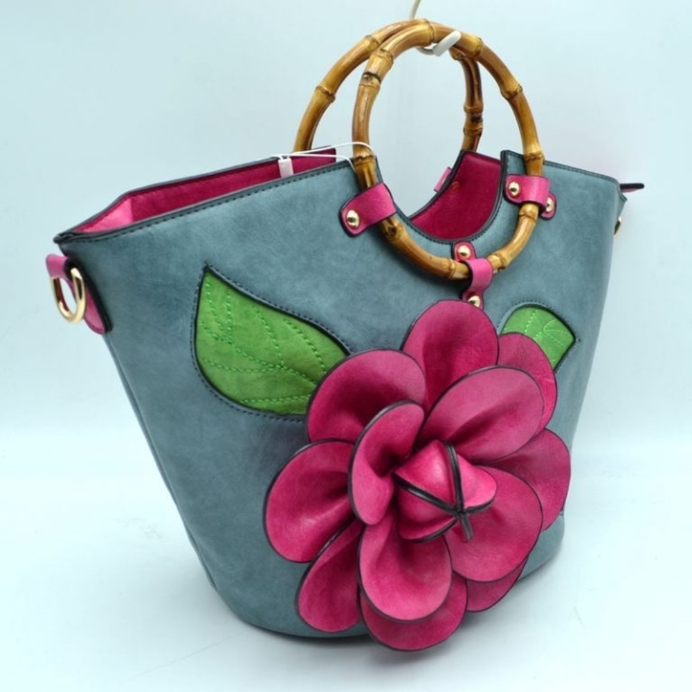 Elegant Pink and Gray Tote with Bamboo Handles